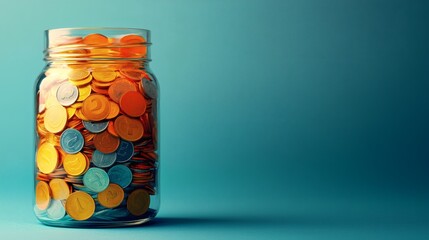 DIY savings jar decorated with stickers and motivation quotes, copy space on the left.
