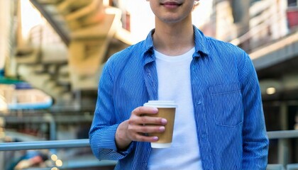コーヒーの紙コップを持った男性