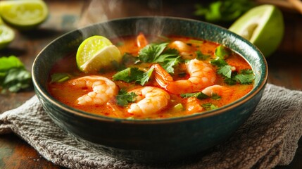 A vibrant bowl of tom yum goong with steam rising, served with fresh herbs and lime wedges on a textured cloth, emphasizing the dishs authenticity and flavor
