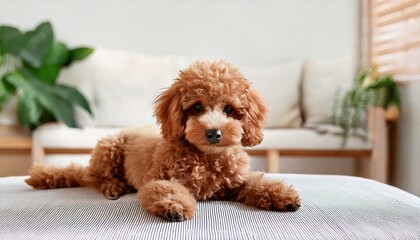 リビングで伏せの練習をするトイプードル