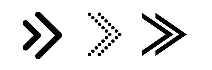 Three arrow icons: solid arrow, dotted arrow, and outlined arrow. Each arrow points right, showcasing different arrow styles and arrow designs. Graphic element set. Vectors.