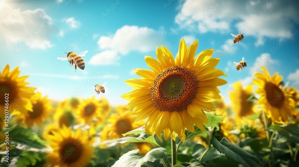 Poster a vibrant image of bees buzzing around sunflowers, emphasizing the importance of pollinators in natu