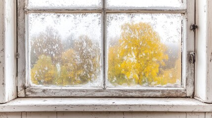 Frosty autumn window view, park trees, fall scene, nature background, seasonal imagery