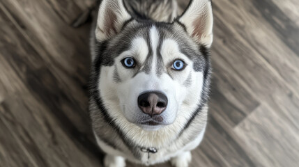 Obraz premium Siberian Husky with striking blue eyes gazes intently into camera, showcasing its beautiful fur and alert expression. This captivating dog exudes curiosity and charm