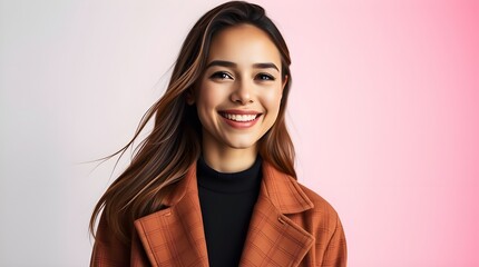 Contemporary studio portrait featuring a stylish woman in a warm jacket with a radiant smile