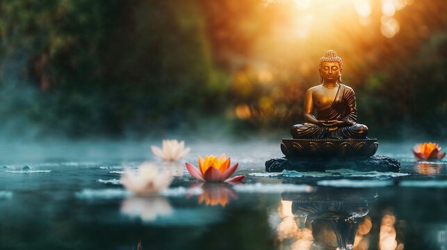 A golden Buddha statue bathed in soft morning light, surrounded by lotus flowers floating on a still pond, mist gently rising in the background.