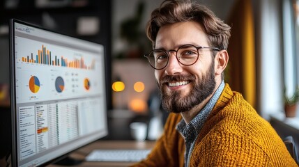 Young professional setting financial goals on a digital budgeting tool, copy space on the left.