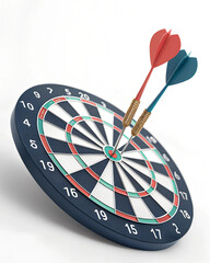 A dartboard with two darts, one red and one blue, is shown near the bullseye