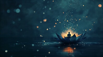 Naklejka premium A surreal scene of a giant floating lotus flower with a glowing Buddha silhouette inside, symbolizing inner peace and wisdom.