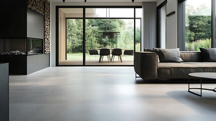 Fototapeta premium Modern Living Room Interior Design with Fireplace and Garden View