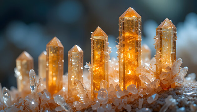 Tall orange dichromate crystal formations glowing softly against a blurred background