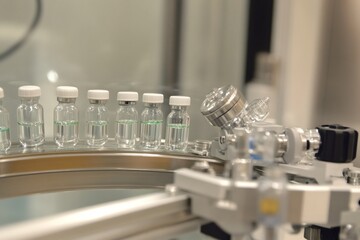 Laboratory equipment prepares vials for scientific research on a new drug. Generative AI