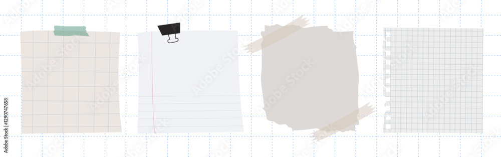 Poster set of four paper notes: grid paper, lined paper, taped paper, and clipped paper. each paper note ha