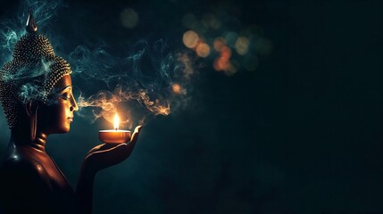 A cinematic composition of a candle flickering in the dark, with Buddha’s silhouette subtly forming in the smoke trails.