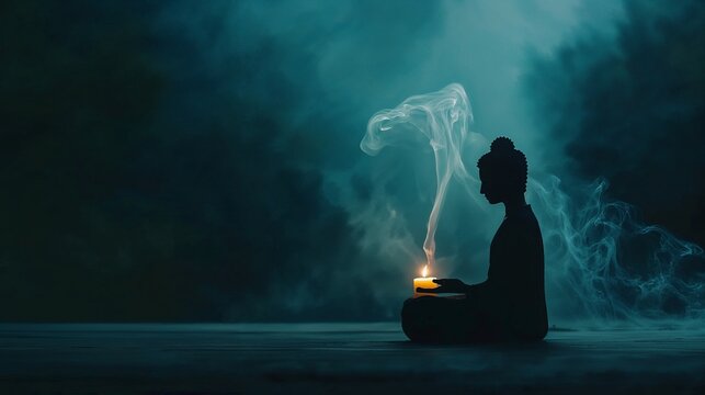 A cinematic composition of a candle flickering in the dark, with Buddha’s silhouette subtly forming in the smoke trails.