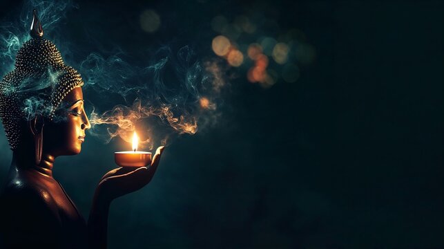 A cinematic composition of a candle flickering in the dark, with Buddha’s silhouette subtly forming in the smoke trails.