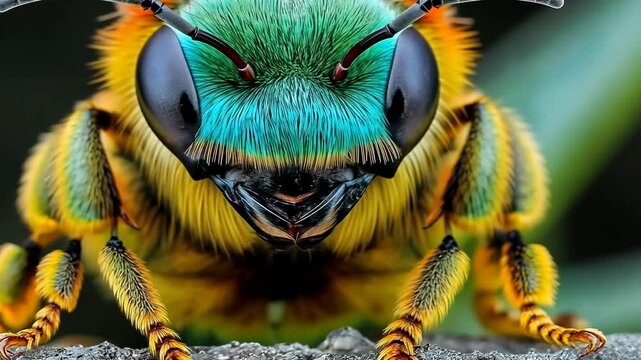 Colorful insect with a black head and a green and blue body. The insect has a large, black eye and a long, thin mouth