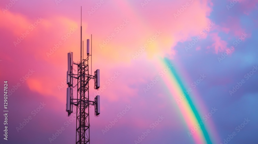 Aufkleber a wide shot of a cell tower with a bright rainbow arching over it, creating a whimsical and colorful