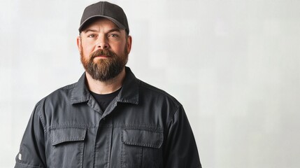 Obraz premium Confident male worker in black uniform and cap standing seriously. A bearded man wearing a black work uniform and cap, standing confidently against a neutral background.