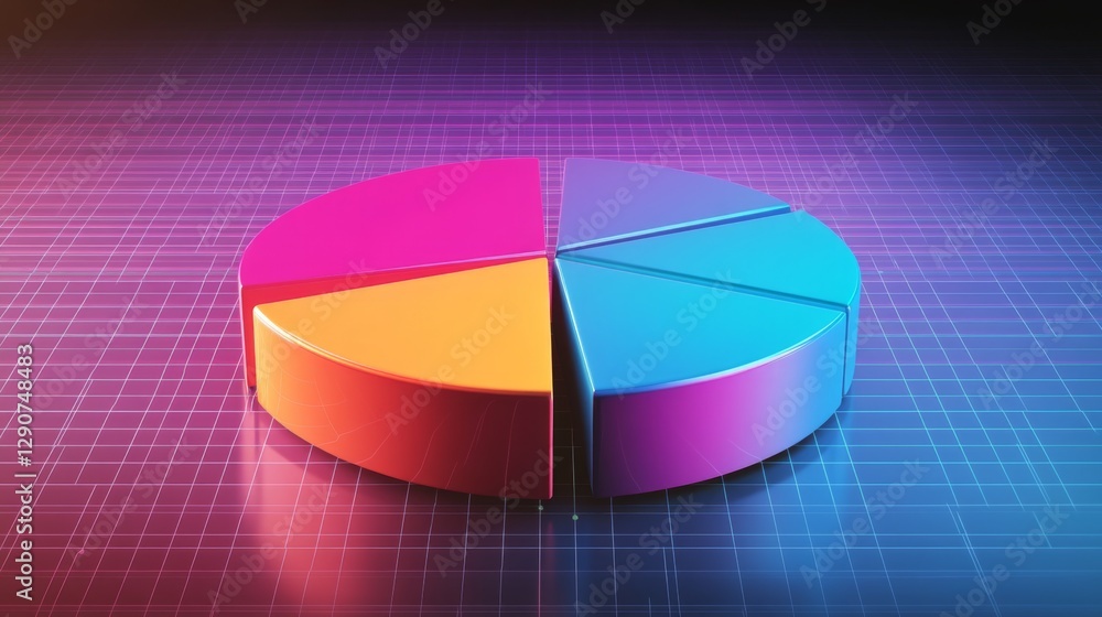 Fototapete circular d pie chart with transparent, gradient-filled sections, gently floating above a reflective 