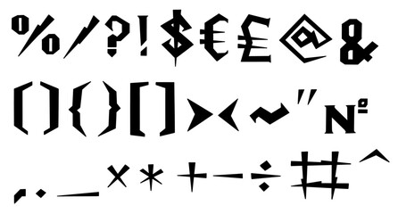 Special mathematical and other symbols and signs black monochrome font. Vector illustration in hand drawn style isolated on white background. For learning, card, logo, sales, decorating, typography.
