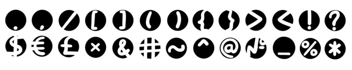 Black circle special mathematical and other symbols and signs font. Vector illustration in hand drawn style isolated on white background. For learning, card, logo, sales, decorating, typography.