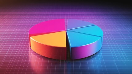 Obraz premium Circular D pie chart with transparent, gradient-filled sections, gently floating above a reflective grid plane for a futuristic touch