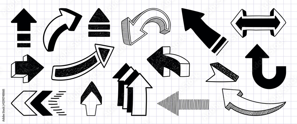 Poster a variety of black and white arrows in different styles and directions on a grid background. arrows 