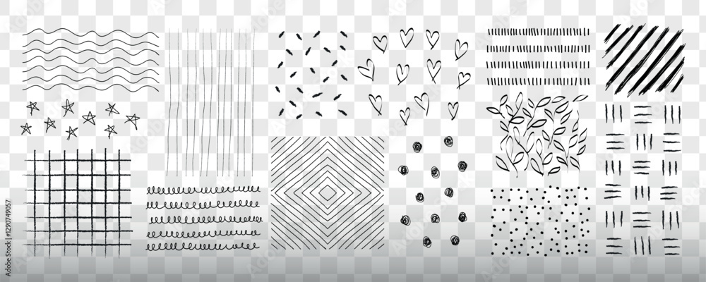 Poster white background with various black line patterns. patterns include stars, hearts, stripes, and grid