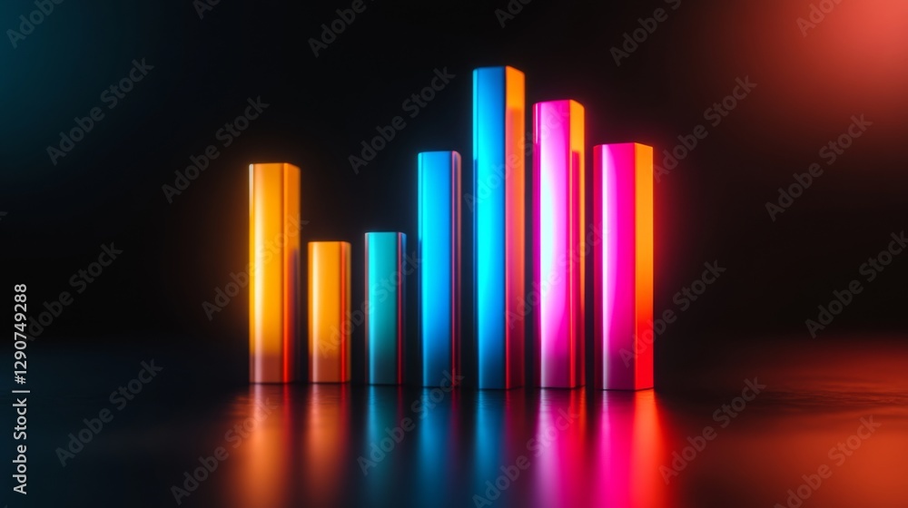 Poster colorful d bar graph with glowing edges and subtle reflections, floating on a dark background, highl