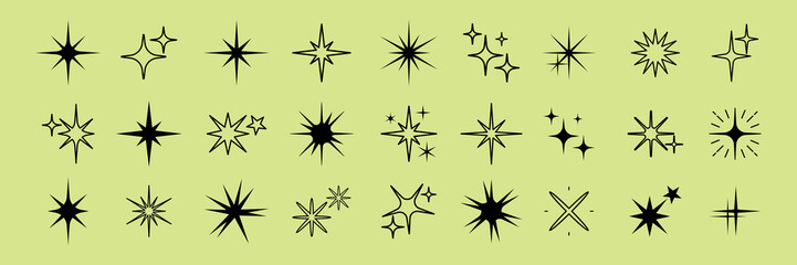 Set of 24 black starburst icons. Starburst shapes vary in style. Starburst icons ideal for design. Black starburst graphics for creative projects. Element vector set.