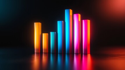 Colorful D bar graph with glowing edges and subtle reflections, floating on a dark background, highlighting an advanced data visualization theme