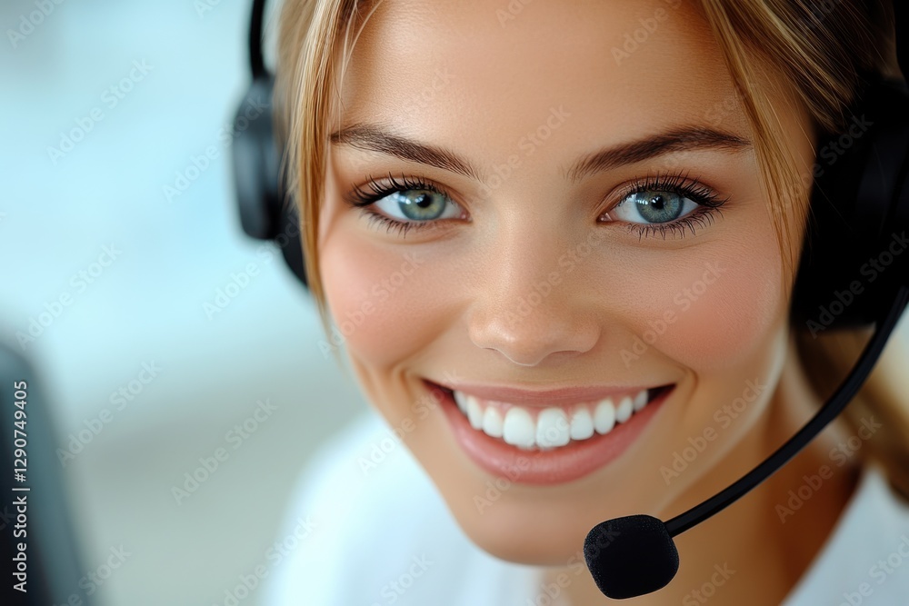 Wall mural Smiling woman wearing headset customer service support