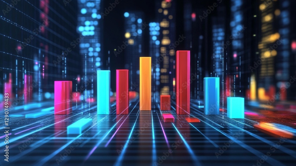 Poster colorful d bar graph with glowing edges and subtle reflections, floating on a dark background, highl