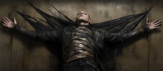 Dark fantasy man, bound, wall, grunge background; concept art