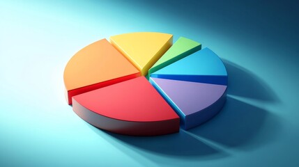 Colorful D pie chart with each segment slightly lifted, casting shadows on a gradient background for a clean and contemporary aesthetic