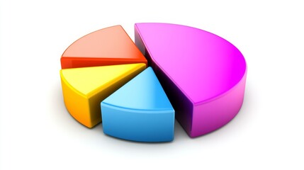 Obraz premium Colorful pie chart on a plain white background, segmented in bold colors with a shadow effect for a clean and visually appealing presentation