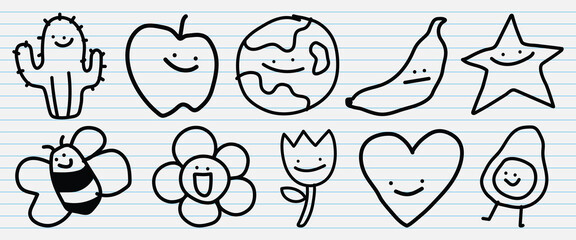 Cute doodles of a cactus, apple, globe, banana, star, bee, flower, tulip, heart, and avocado, all with smiling faces, on lined paper. Fun and playful designs. Cute doodle icons vector set.