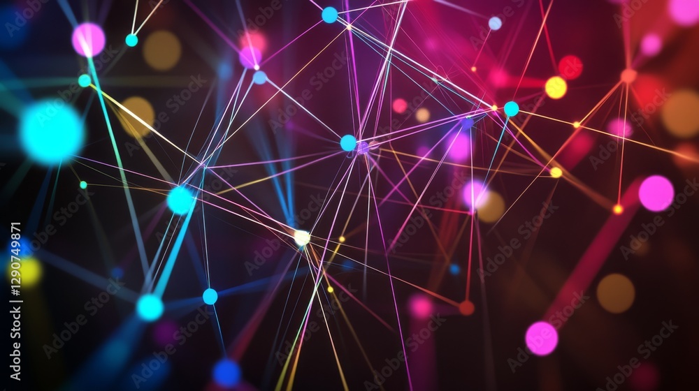 Poster digital abstract composition with a network of colored lines and dots on a dark background, represen