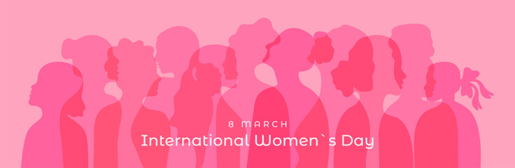 International Women's day banner template with typography. Pink colors silhouette of diversity girl. Different nationalities, genders and ages lady profiles. Poster cover card info web 8 march.