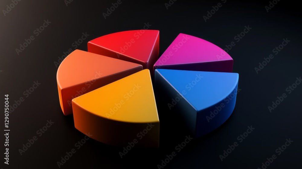 Poster dynamic d pie chart with bright, colorful slices, each part raised slightly, with soft lighting to h