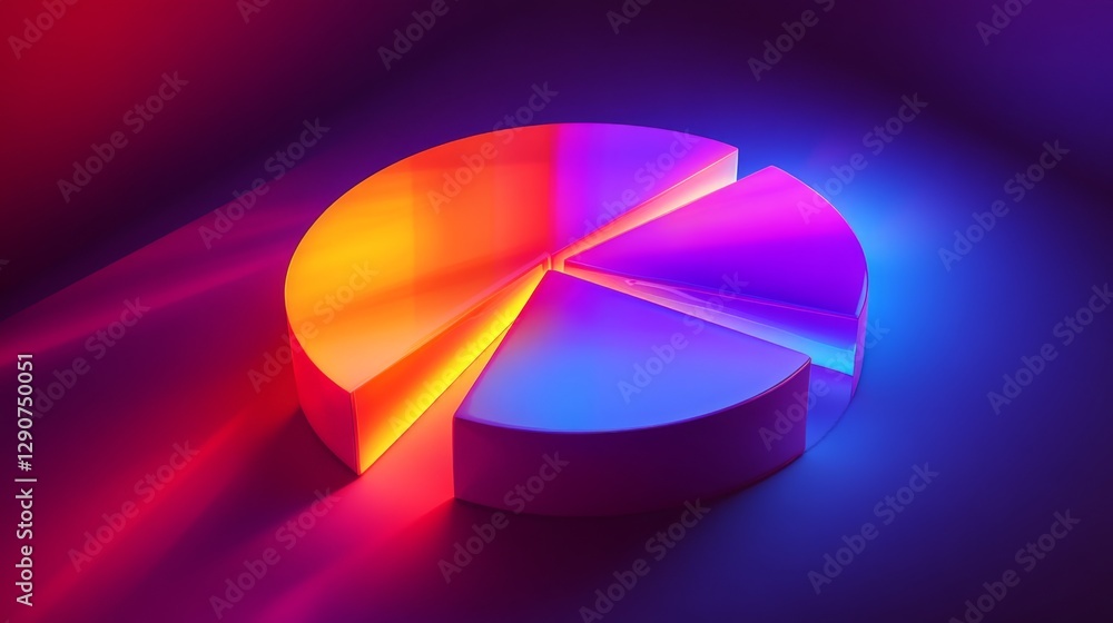 Poster dynamic d pie chart with bright, colorful slices, each part raised slightly, with soft lighting to h