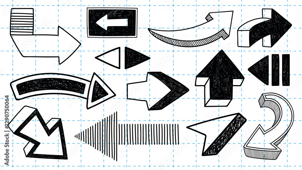 Poster various hand-drawn arrows in different styles and directions on a grid background. arrows include cu