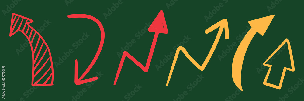 Poster colorful arrows on a green background. red and yellow arrows in various shapes. arrows pointing in d