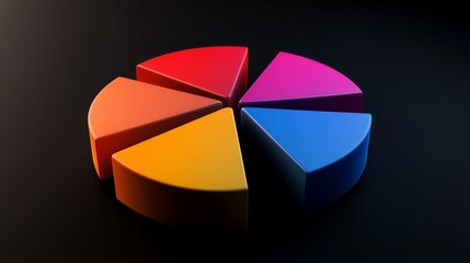 Obraz premium Dynamic D pie chart with bright, colorful slices, each part raised slightly, with soft lighting to highlight its shape on a dark background