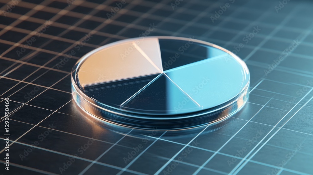 Poster floating d pie chart with transparent and solid segments, positioned over a grid pattern, highlighti