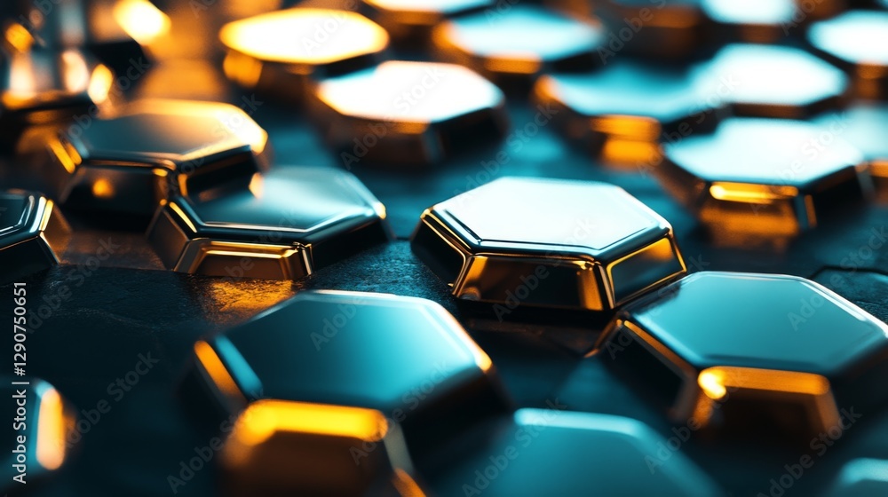 Poster futuristic graphic design with layers of hexagons in metallic colors, creating a d effect over a dar