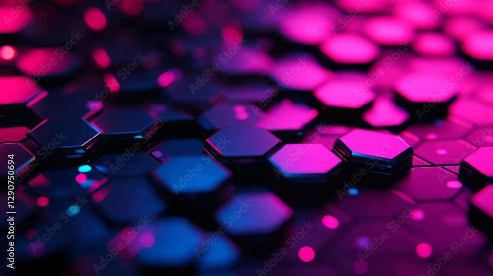 Poster futuristic graphic design with layers of hexagons in metallic colors, creating a d effect over a dar