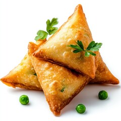 Detailed and sharp image of a crispy samosa on a white background, ready for use in presentations, websites, and print materials, filled with spiced potatoes and peas.
