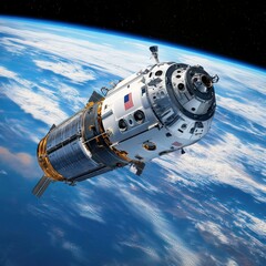 Fototapeta premium Detailed and sharp image of a crewed spacecraft docking to a space station on a white background, ready for use in presentations, websites, and print materials, capturing the precision maneuver.